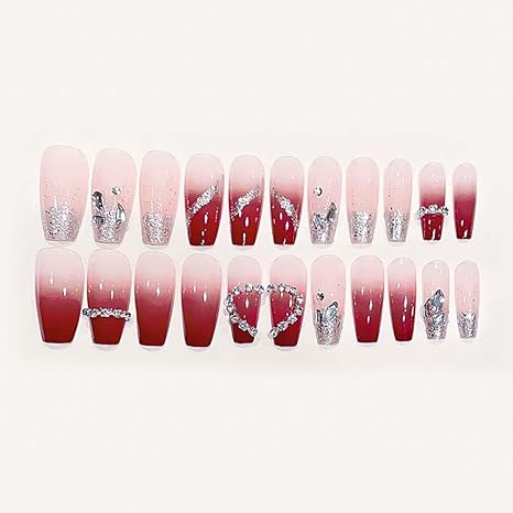 Press on Nails Long Fake Nails with 3D Rhinestones Red Nails Glossy Full Cover Nails 24 PCs/Set