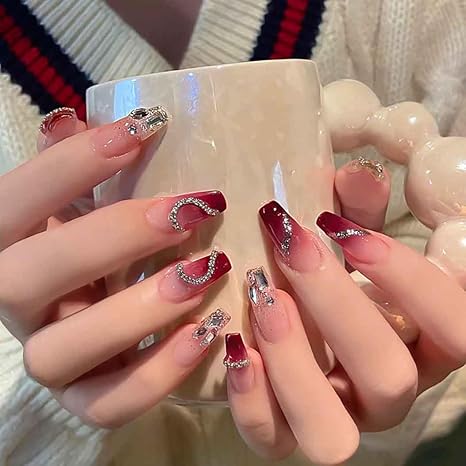 Press on Nails Long Fake Nails with 3D Rhinestones Red Nails Glossy Full Cover Nails 24 PCs/Set