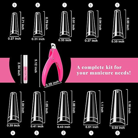 Half Cover Coffin Nail Tips Set, 500 Pcs Clear Acrylic Nail Tips, with Glue, Clipper, Files, Cuticle Pusher and Fork for Salons and Home DIY with Box