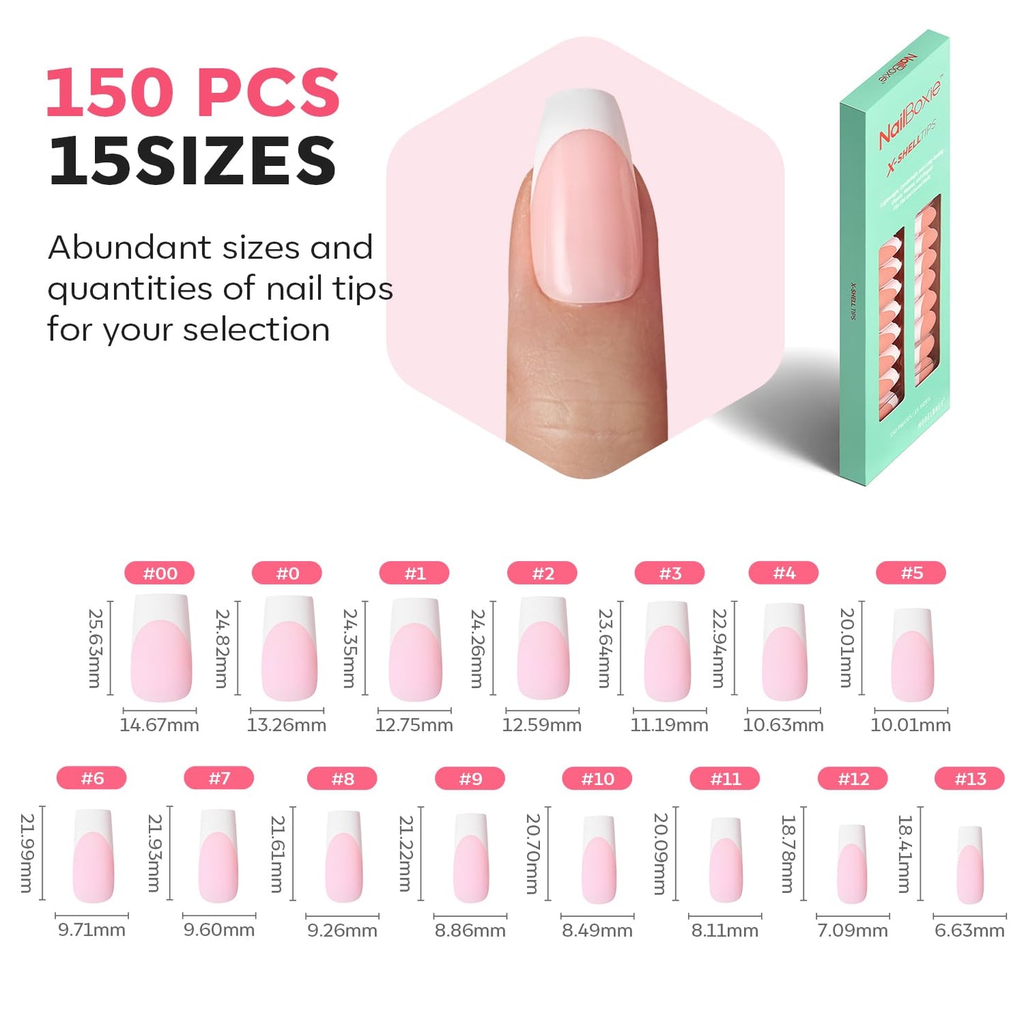 Press on Nails, 150 Pcs French Tip Press on Nails, Pink Long Square Nail Tips, Natural Salon Finish Fake Nails for Wedding, Party, Nail Art DIY, 15 Sizes (L)