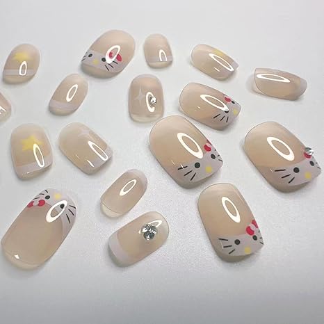 24Pcs French Tip Press on Nails Short Square Fake Nails Cute Stars with Rhinestones Designs Short French Acrylic Nails White Nail Tip Artificial Nails for Women Girls Nail Art Decorations