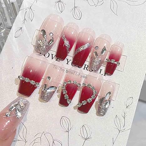 Press on Nails Long Fake Nails with 3D Rhinestones Red Nails Glossy Full Cover Nails 24 PCs/Set