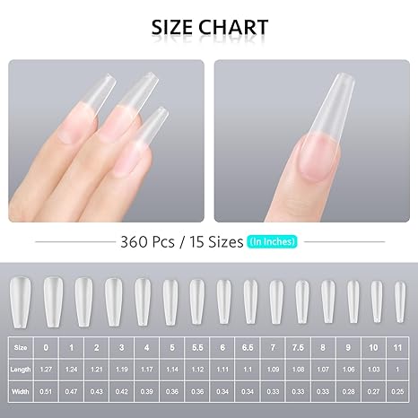 Long Coffin Fake Nail Tips, 360Pcs Matte Soft Gel X Nail Tips, 15 Sizes Full Cover Acrylic False Press on Nails Tips, Nail Extension Tips