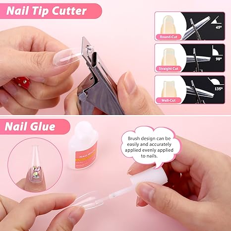 600PCS Clear Coffin Nail Tips Set Clear Acrylic Nail Tips with Nail Glue Clear Coffin Nails Tip Full Cover with Nail Display Stand, Cuticle Nail Pusher Remover, Nail Clipper Nail Files Buffer