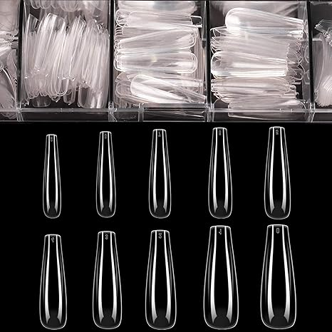 Long Fake Nails - Clear Acrylic Coffin Shaped Ballerina Nails Tips 500pcs Full Cover False Artificial Nails with Case for Salons and DIY Nail Art, 10 Sizes