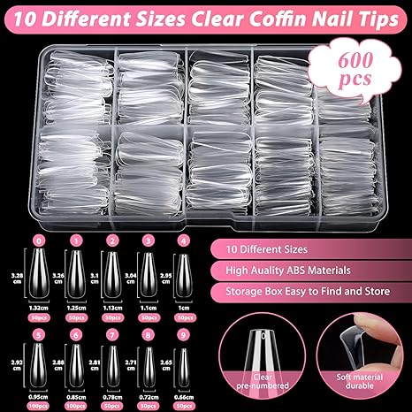 600PCS Clear Coffin Nail Tips Set Clear Acrylic Nail Tips with Nail Glue Clear Coffin Nails Tip Full Cover with Nail Display Stand, Cuticle Nail Pusher Remover, Nail Clipper Nail Files Buffer