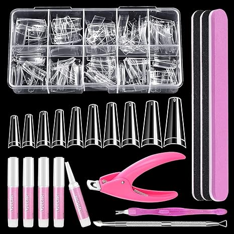 Half Cover Coffin Nail Tips Set, 500 Pcs Clear Acrylic Nail Tips, with Glue, Clipper, Files, Cuticle Pusher and Fork for Salons and Home DIY with Box