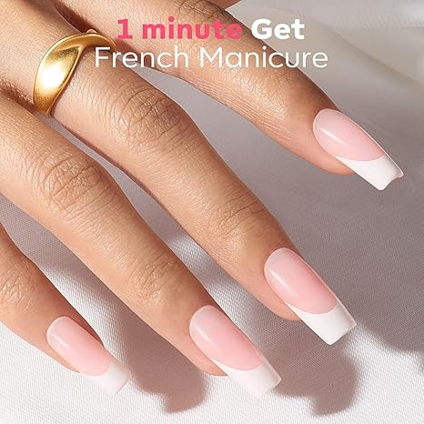 Press on Nails, 150 Pcs French Tip Press on Nails, Pink Long Square Nail Tips, Natural Salon Finish Fake Nails for Wedding, Party, Nail Art DIY, 15 Sizes (L)