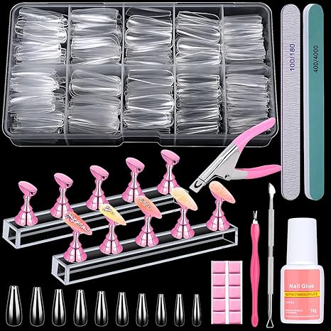 600PCS Clear Coffin Nail Tips Set Clear Acrylic Nail Tips with Nail Glue Clear Coffin Nails Tip Full Cover with Nail Display Stand, Cuticle Nail Pusher Remover, Nail Clipper Nail Files Buffer